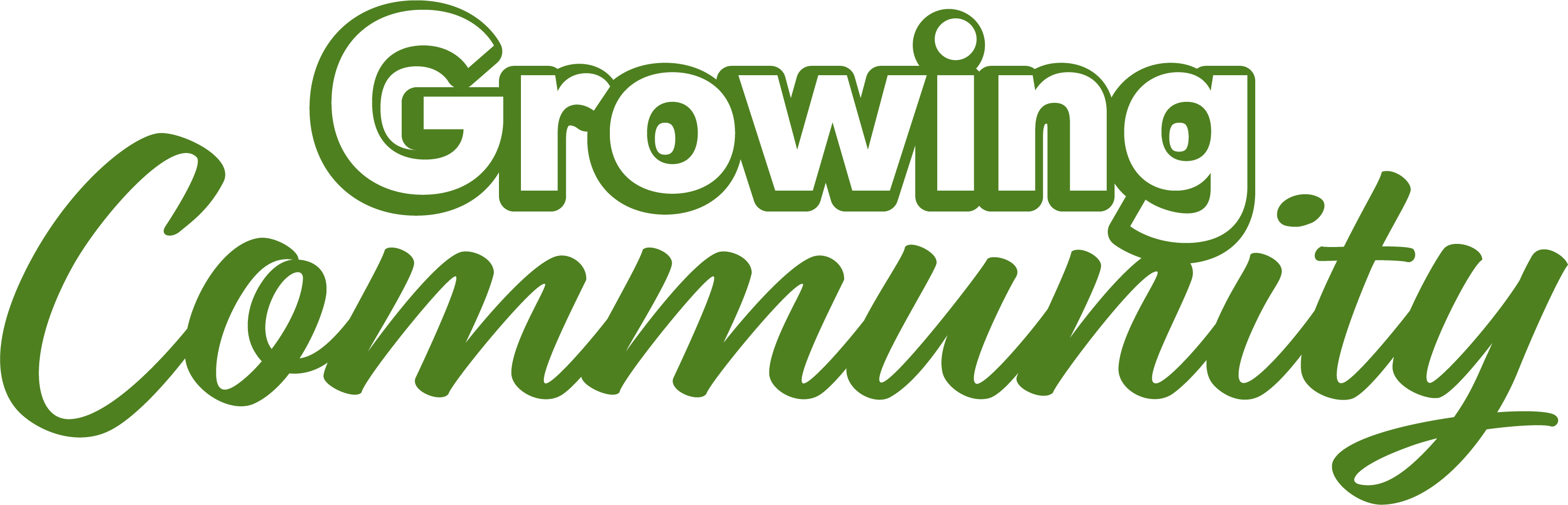 Green text reading “Growing Community,” with “Growing” in bold block letters and “Community” in a flowing script font.