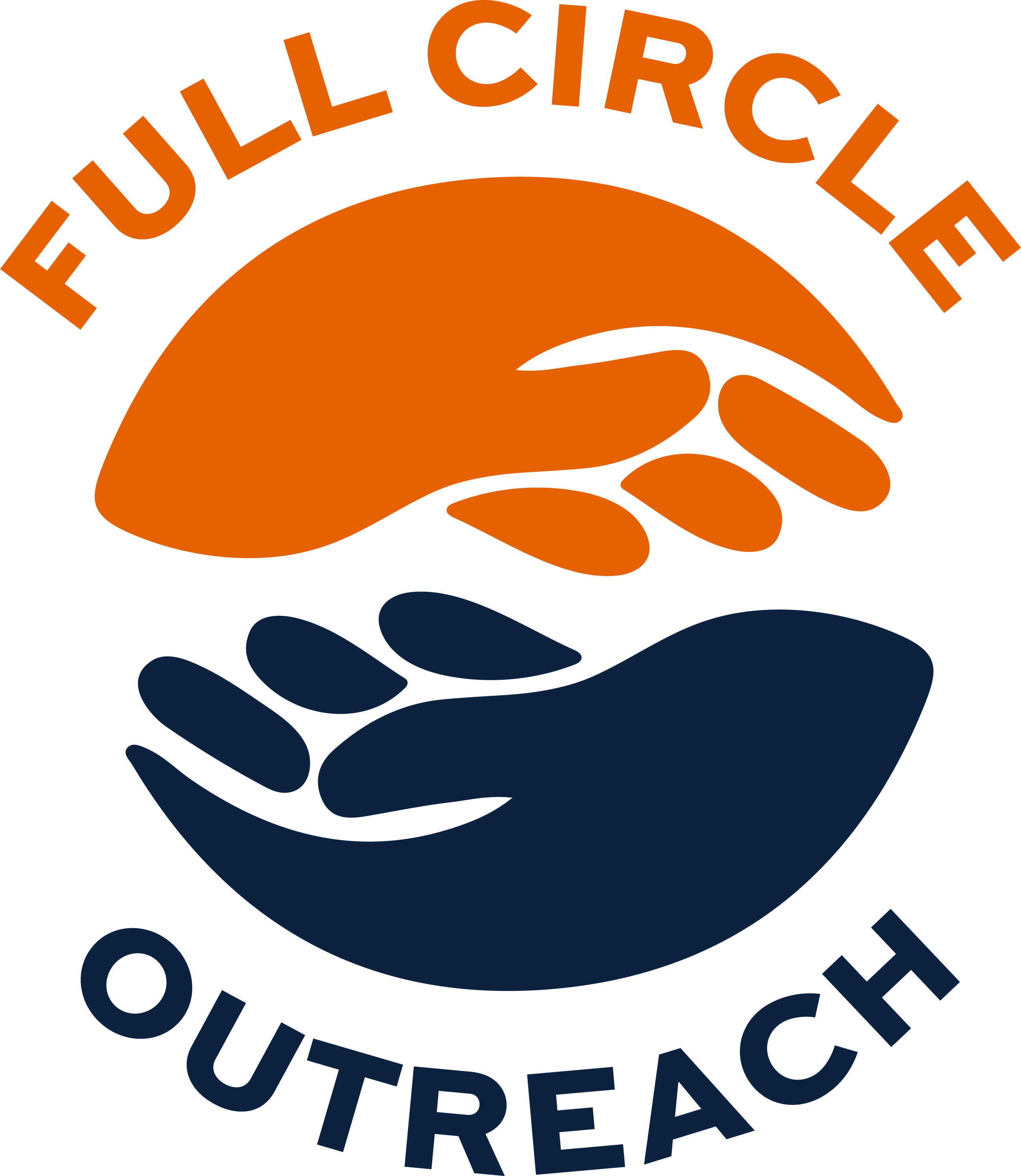 Circular logo with the words “FULL CIRCLE OUTREACH” surrounding two stylized hands—one orange and one navy blue—forming a yin-yang-like shape.