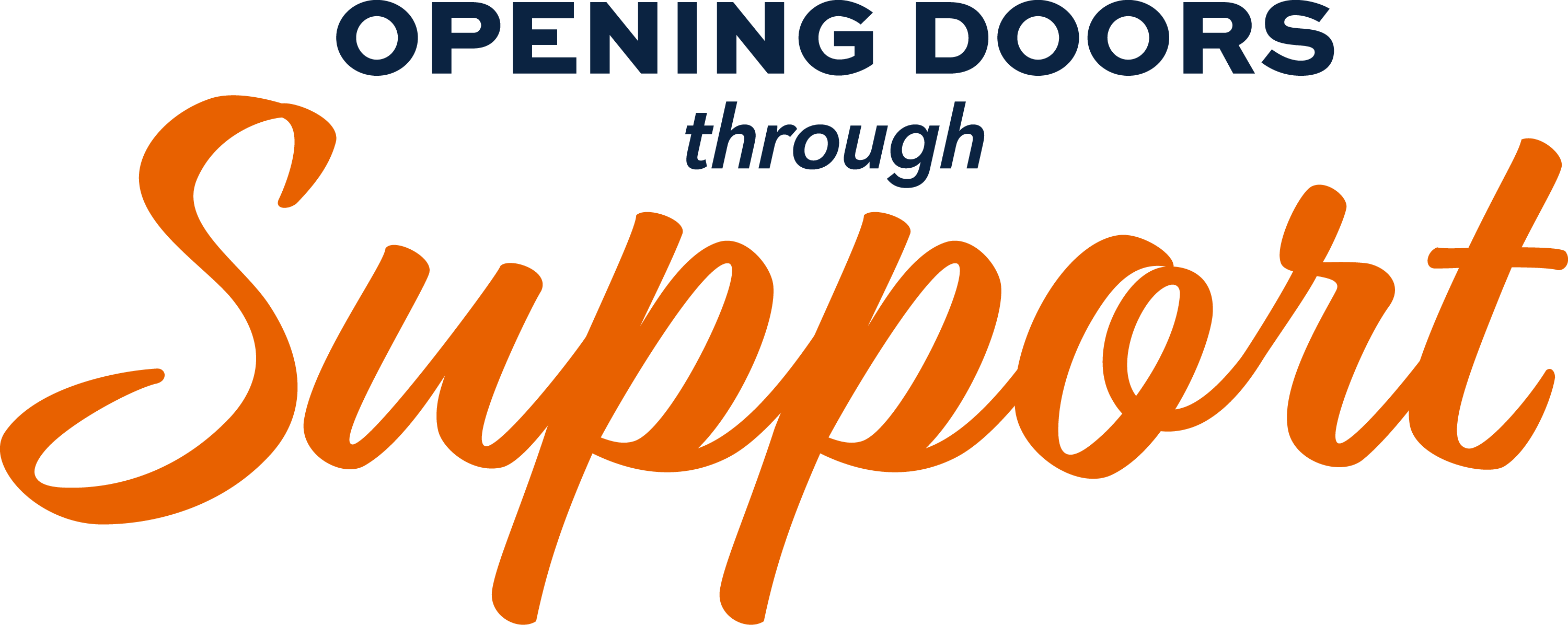 Graphic text design reading “Opening Doors through Support” with "Opening Doors" in bold navy blue uppercase letters, “through” in italicized navy blue, and “Support” in large orange script font.