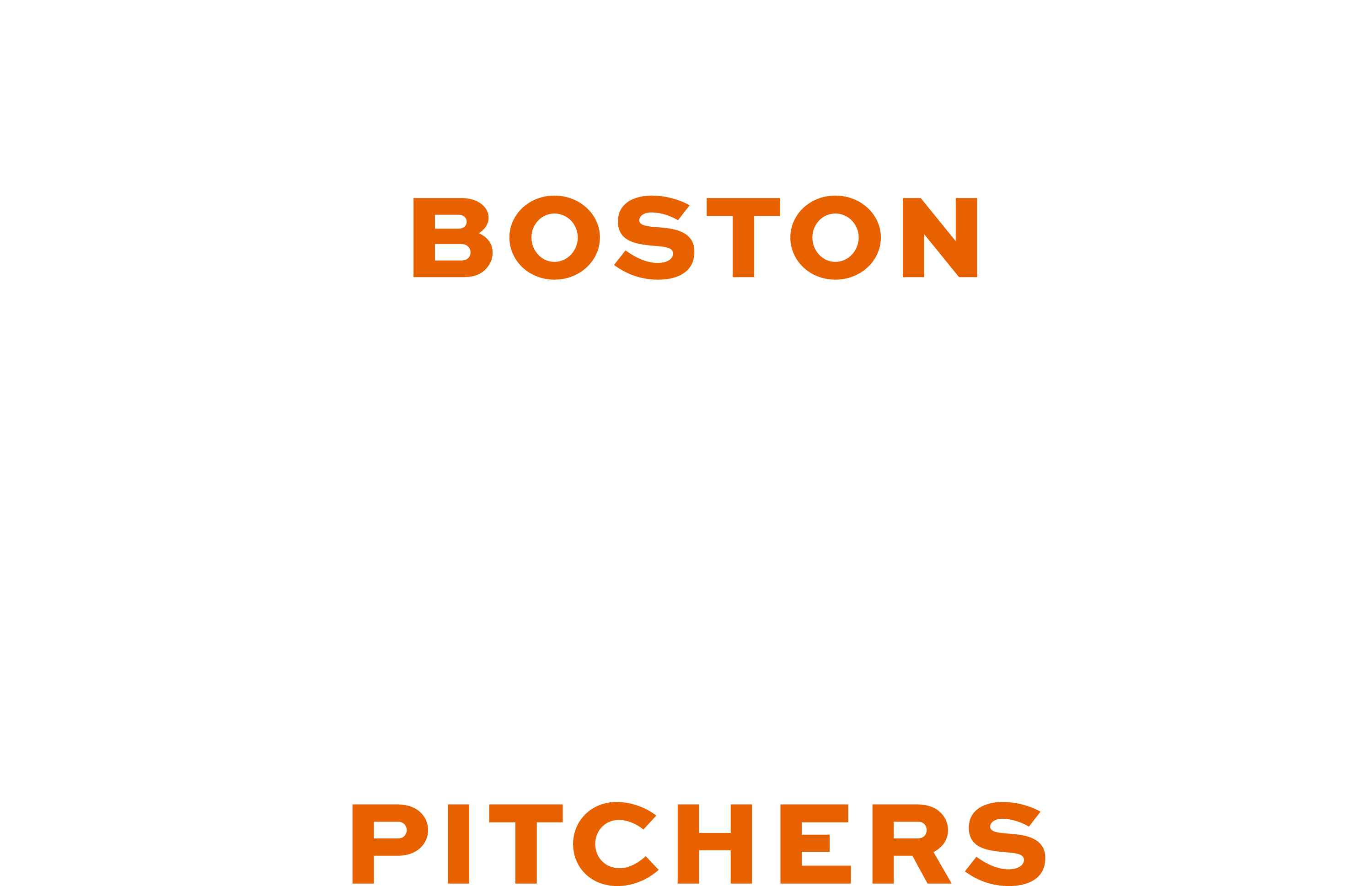 Graphic text design that reads “Boston” and “Pitchers” in bold orange uppercase letters, separated by a large white space, all on a white background.