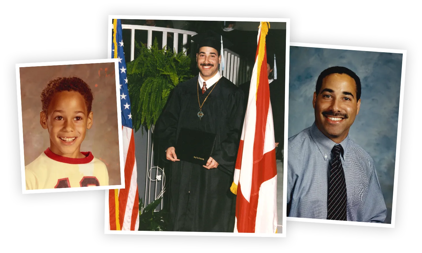 A collage of three photographs showing the same man at different life stages. The left photo shows him as a smiling child wearing a white and red shirt with the number 42. The center photo shows him in graduation attire, holding a diploma and standing in front of American and Alabama flags. The right photo is a professional portrait of him in a blue shirt and patterned tie, smiling against a gray studio background.