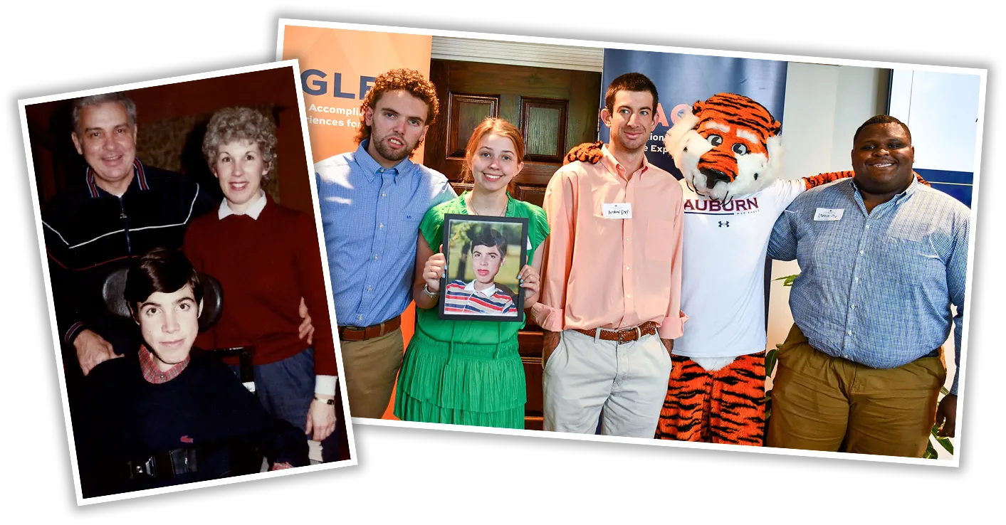 Two vintage-style photos side-by-side: one showing a young man in a wheelchair with his parents, and the other showing a group of five young adults with a photo of the same young man, joined by the Auburn mascot Aubie and another individual.
