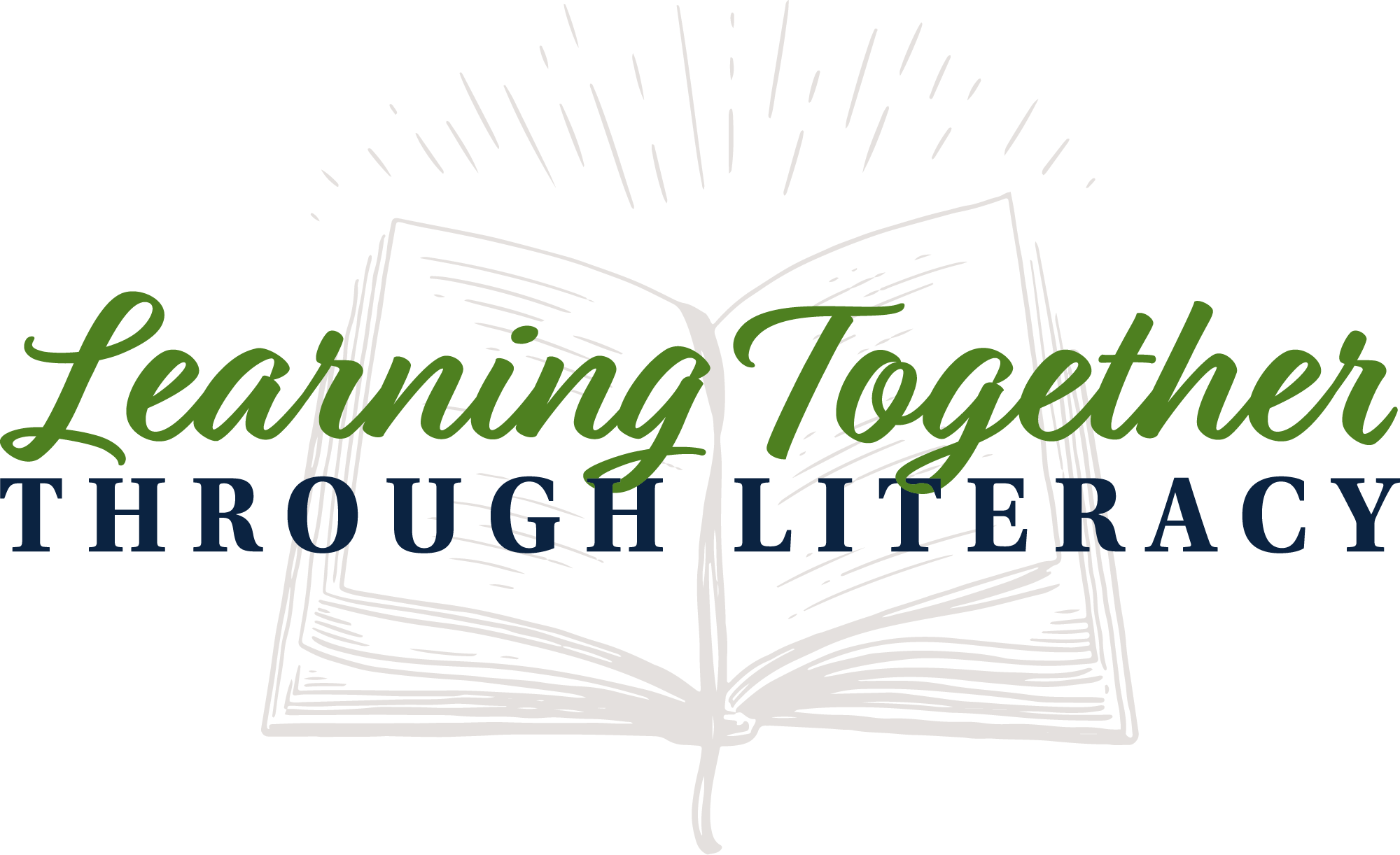 “Learning Together Through Literacy” logo featuring an open book illustration.